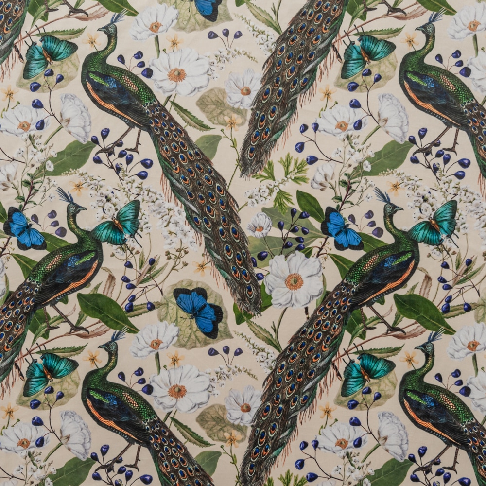 Peacock Chintz Cream Fabric