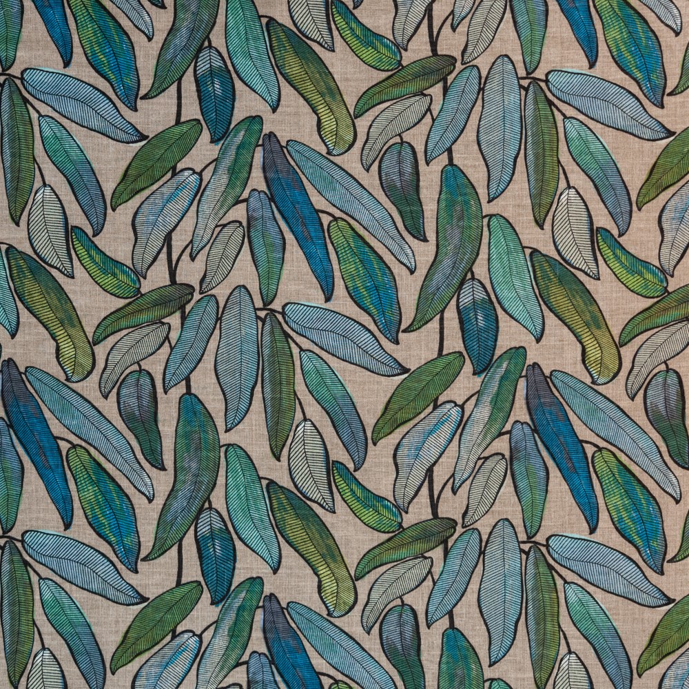 Tropical Leaf Linen Teal Fabric